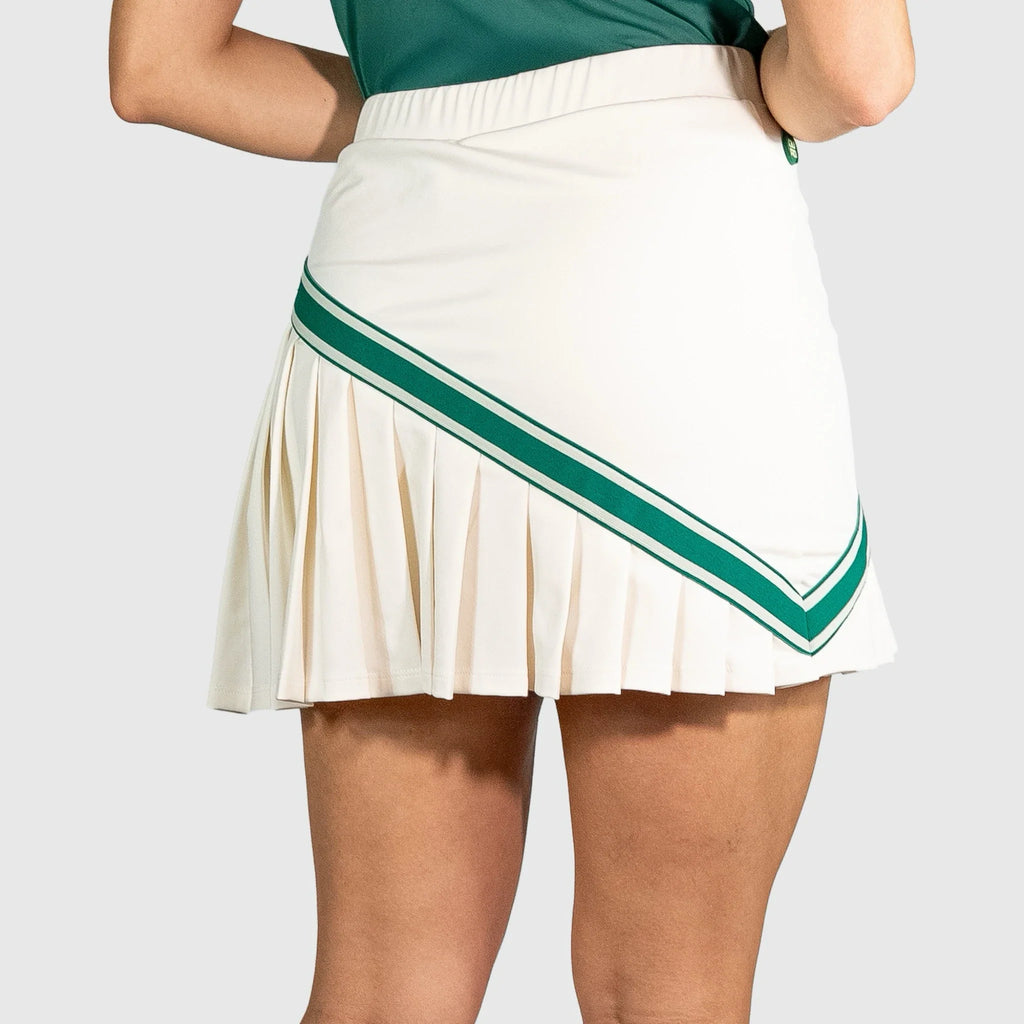 QUAD Halo Padel Skirt with green stripes worn by a person on a white background